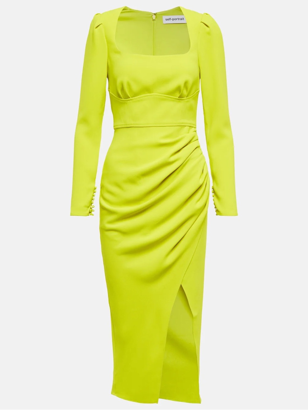 Self-Portrait Neon Lime Ruched Square-Neck Midi Dress